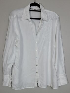Edward 100% Irish Linen Button Down Shirt Size L White Embroidered Quiet Luxury